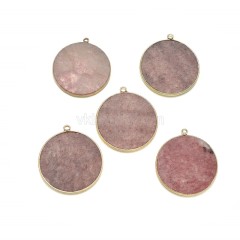 Gemstone Smooth Flat Round Pendant Charms, with Gold Plated Base Metal Findings, Approx 30mm, Sell by Piece