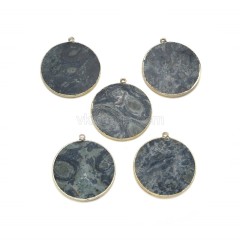 Gemstone Smooth Flat Round Pendant Charms, with Gold Plated Base Metal Findings, Approx 30mm, Sell by Piece