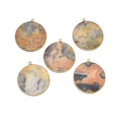 Gemstone Smooth Flat Round Pendant Charms, with Gold Plated Base Metal Findings, Approx 30mm, Sell by Piece