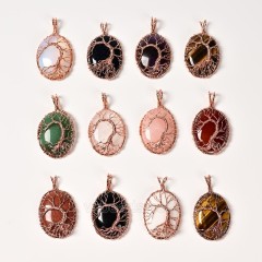 Natural Gemstone Smooth Oval Pendants, Base Metal Wire Wrapped Tree of Life, Approx 30x40mm, Sell by Piece