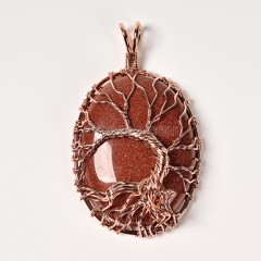 Natural Gemstone Smooth Oval Pendants, Base Metal Wire Wrapped Tree of Life, Approx 30x40mm, Sell by Piece