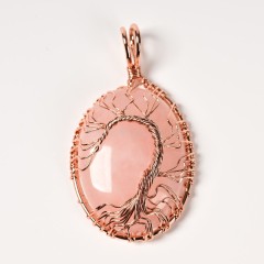 Natural Gemstone Smooth Oval Pendants, Base Metal Wire Wrapped Tree of Life, Approx 30x40mm, Sell by Piece
