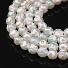Rainbow Plated White Tibetan dZi Agate with 3-Eye Pattern Faceted Rounds, 128 Facets, Approx 8-12mm, 38cm/strand