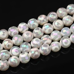 Rainbow Plated White Tibetan dZi Agate with 3-Eye Pattern Faceted Rounds, 128 Facets, Approx 8-12mm, 38cm/strand