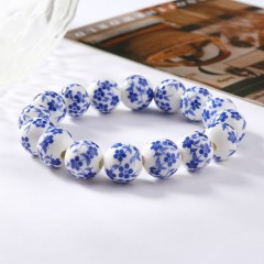 Blue Flower Pattern Decal Ceramic Porcelain Smooth Round Beads Stretch Bracelets, Approx 8-12mm, Sell by Piece