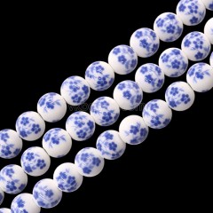 Blue Flower Pattern Decal Ceramic Porcelain Smooth Round Beads Strands, Approx 6-12mm, 34-36cm/strand
