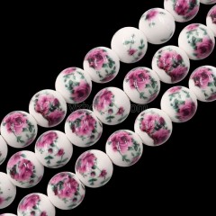Red Rose Flower Pattern Decal Ceramic Porcelain Smooth Round Beads Strands, Approx 6-12mm, 34-36cm/strand