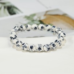 Black Flower Pattern Decal Ceramic Porcelain Smooth Round Beads Stretch Bracelets, Approx 8-12mm, Sell by Piece