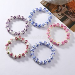 Blue Flower Pattern Decal Ceramic Porcelain Smooth Round Beads Stretch Bracelets, Approx 8-12mm, Sell by Piece