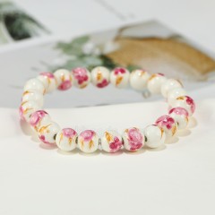 Red Flower Pattern Decal Ceramic Porcelain Smooth Round Beads Stretch Bracelets, Approx 8-12mm, Sell by Piece