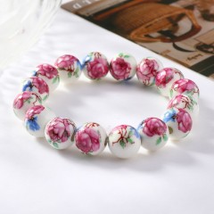 Red Flower Pattern Decal Ceramic Porcelain Smooth Round Beads Stretch Bracelets, Approx 8-12mm, Sell by Piece