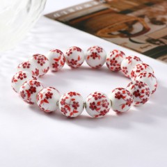Red Flower Pattern Decal Ceramic Porcelain Smooth Round Beads Stretch Bracelets, Approx 8-12mm, Sell by Piece