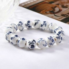 Black Flower Pattern Decal Ceramic Porcelain Smooth Round Beads Stretch Bracelets, Approx 8-12mm, Sell by Piece