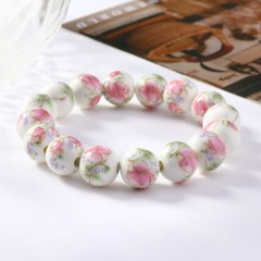 Light Red Flower Pattern Decal Ceramic Porcelain Smooth Round Beads Stretch Bracelets, Approx 8-12mm, Sell by Piece