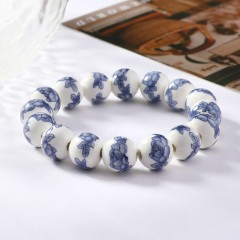 Blue Flower Pattern Decal Ceramic Porcelain Smooth Round Beads Stretch Bracelets, Approx 12mm, Sell by Piece