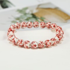 Red Flower Pattern Decal Ceramic Porcelain Smooth Round Beads Stretch Bracelets, Approx 8-12mm, Sell by Piece