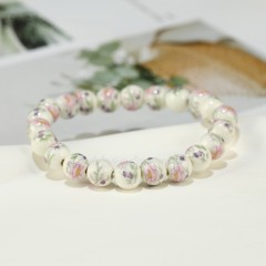 Pink Peony Pattern Decal Ceramic Porcelain Smooth Round Beads Stretch Bracelets, Approx 8-12mm, Sell by Piece