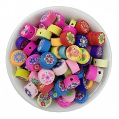 Flower Flat Round Mixed Color Handmade Polymer Clay Beads, Approx 10mm, 50pcs/bag, Sell by Bags