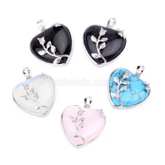 Multi-Gemstone Smooth Heart Pendants, with Flower Rhodium Plated Base Metal Findings, Approx 30mm, Sell by Piece