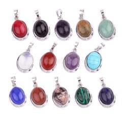 Multi-Gemstone Smooth Oval Pendants, with Rhodium Plated Base Metal Findings, Approx 14x18mm, Sell by Piece