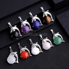 Multi-Gemstone Dolphin Pendants, with Rhodium Plated Base Metal Findings, Approx 22x25mm, Sell by Piece