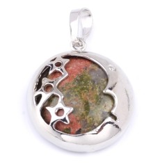 Multi-Gemstone Flat Round Pendants, with Rhodium Plated Moon Star Base Metal Findings, Approx 23x27mm, Sell by Piece