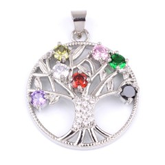 7 Chakra Zirconia Tree of Life Flat Round Pendants, with Rhodium Plated Base Metal Findings, Approx 27mm, Sell by Piece