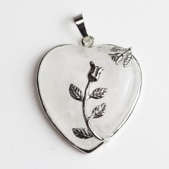 Multi-Gemstone Smooth Heart Pendants, with Rose Flower Rhodium Plated Base Metal Findings, Approx 31mm, Sell by Piece
