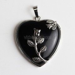 Multi-Gemstone Smooth Heart Pendants, with Rose Flower Rhodium Plated Base Metal Findings, Approx 31mm, Sell by Piece
