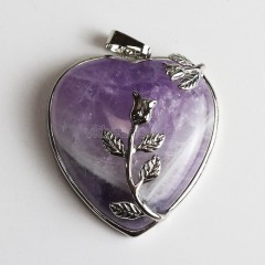 Multi-Gemstone Smooth Heart Pendants, with Rose Flower Rhodium Plated Base Metal Findings, Approx 31mm, Sell by Piece