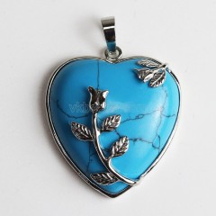Multi-Gemstone Smooth Heart Pendants, with Rose Flower Rhodium Plated Base Metal Findings, Approx 31mm, Sell by Piece