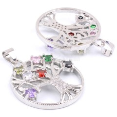 7 Chakra Zirconia Tree of Life Flat Round Pendants, with Rhodium Plated Base Metal Findings, Approx 27mm, Sell by Piece