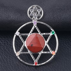 Multi-Gemstone Faceted Flat Round Star of David Pendants, with Rhinestone Seven Chakras Rhodium Plated Base Metal Findings, Approx 35mm, Sell by Piece