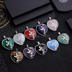 Multi-Gemstone Smooth Heart Pendants, with Rose Flower Rhodium Plated Base Metal Findings, Approx 31mm, Sell by Piece