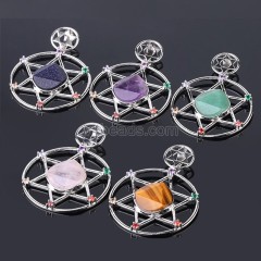 Multi-Gemstone Faceted Flat Round Star of David Pendants, with Rhinestone Seven Chakras Rhodium Plated Base Metal Findings, Approx 35mm, Sell by Piece