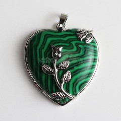 Multi-Gemstone Smooth Heart Pendants, with Rose Flower Rhodium Plated Base Metal Findings, Approx 31mm, Sell by Piece