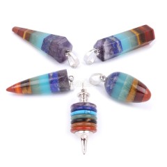 7 Chakra Pendants, Amethyst+Lapis Lazuli+Dyed Blue Jade+Green Aventurine+Yellow Tiger Eye+Red Agate(Dyed)+Red Jasper, with Rhodium Plated Base Metal Findings, Sell by Piece