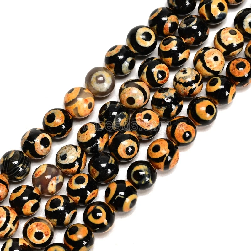 Ivory yellow 3-eye Tibetan dZi agate smooth round bead strand