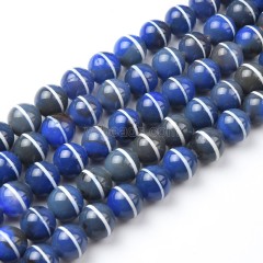 Blue Tibetan White Stripe dZi Agate Smooth Round Beads Strands, Approx 10mm, 38cm/strand