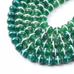 Green Tibetan White Stripe dZi Agate Smooth Round Beads Strands, Approx 8-10mm, 38cm/strand