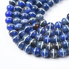 Blue Tibetan White Stripe dZi Agate Smooth Round Beads Strands, Approx 10mm, 38cm/strand