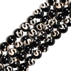 Money Hook Pattern Black Tibetan dZi Agate Smooth Round Beads Strands, Approx 10mm, 38cm/strand