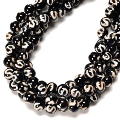 Money Hook Pattern Black Tibetan dZi Agate Smooth Round Beads Strands, Approx 10mm, 38cm/strand