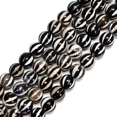 Watermelon Stripe Black Tibetan dZi Agate Smooth Round Beads Strands, Approx 6-10mm, 38cm/strand