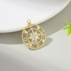 Openwork Compass Gold Color Plated Brass Flat Round Charm Pendants, Micro Pave White Cubic Zirconia, Sell by Piece
