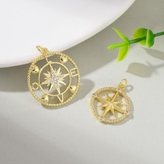Openwork Compass Gold Color Plated Brass Flat Round Charm Pendants, Micro Pave White Cubic Zirconia, Sell by Piece