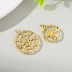 Openwork Compass Gold Color Plated Brass Flat Round Charm Pendants, Micro Pave White Cubic Zirconia, Sell by Piece