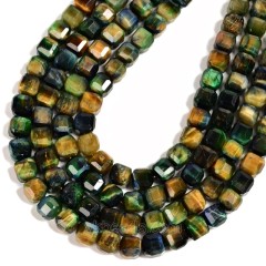 Yellow Green Tiger Eye Faceted Cube Beads Strands, Approx 8-9mm, 38cm/strand