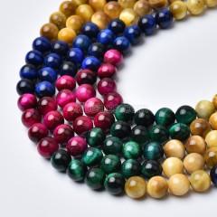 Gradient Tiger Eye(Purple+Lapis Lazuli Blue+Lake Blue+Green+Golden+Yellow+Fuchsia+Red) Smooth Round Beads Strands, Approx 6-10mm, Approx 38cm/strand