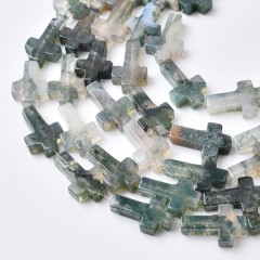 Moss Agate Vertically Drilled Flat Cross Beads Strands, Approx 12x20mm, 38cm/strand
